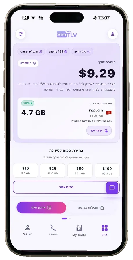 מסך מעקב שימוש בזמן אמת באפליקציית SIMTLV, חיוב לפי תעריף היעד עד רמת המגה