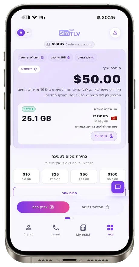 מסך הארנק באפליקציית SIMTLV עם יתרה שנשמרת לנצח
