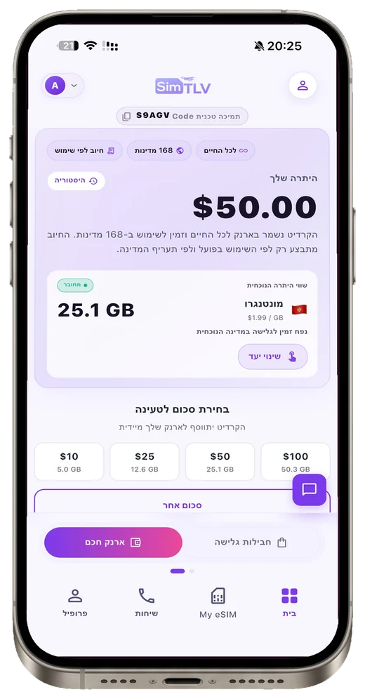 מסך הארנק באפליקציית SIMTLV: היתרה בדולרים, ולצידה שווי היתרה בג׳יגה ביעד הנוכחי לפי התעריף שלו
