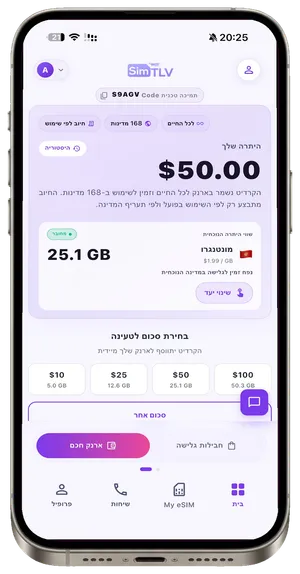 מסך הארנק באפליקציית SimTLV: היתרה, שווי היתרה ביעד הנוכחי וכפתור שינוי יעד
